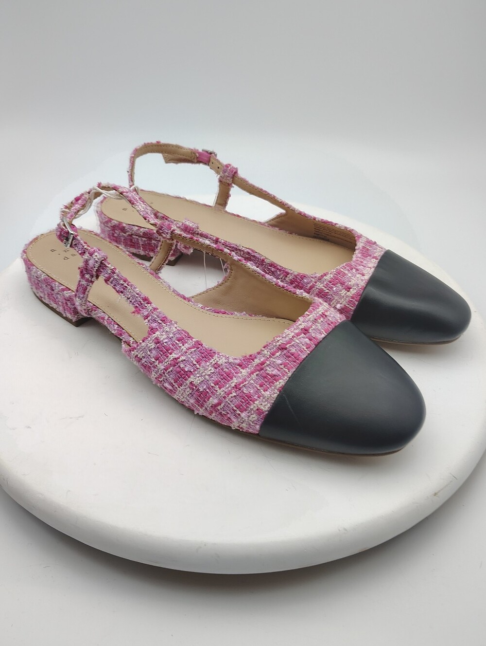 A New Day Pink Tweed Slingback Flats with Black Cap Toe Size 9.5